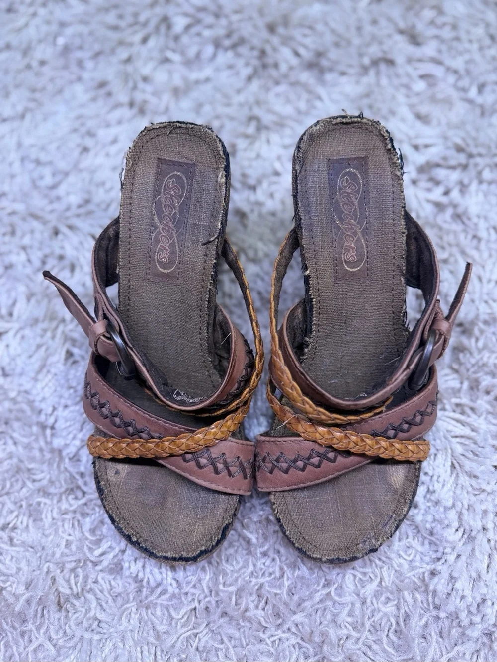 Skechers Modiste Electric Bond Brown Leather Cork Wedge Sandals Size 5